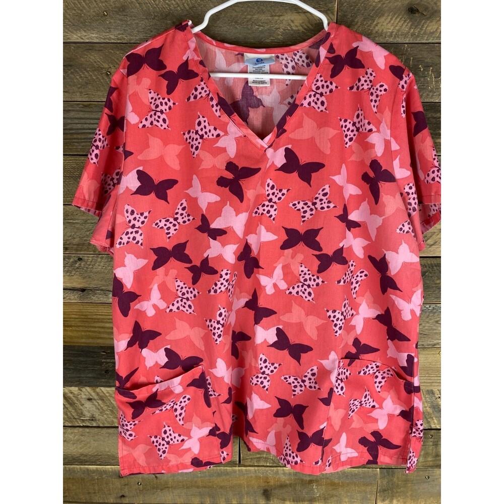 SB Scrubs Women's Sz XL Pink Butterfly Short Sleeve Scrub Top With Pockets